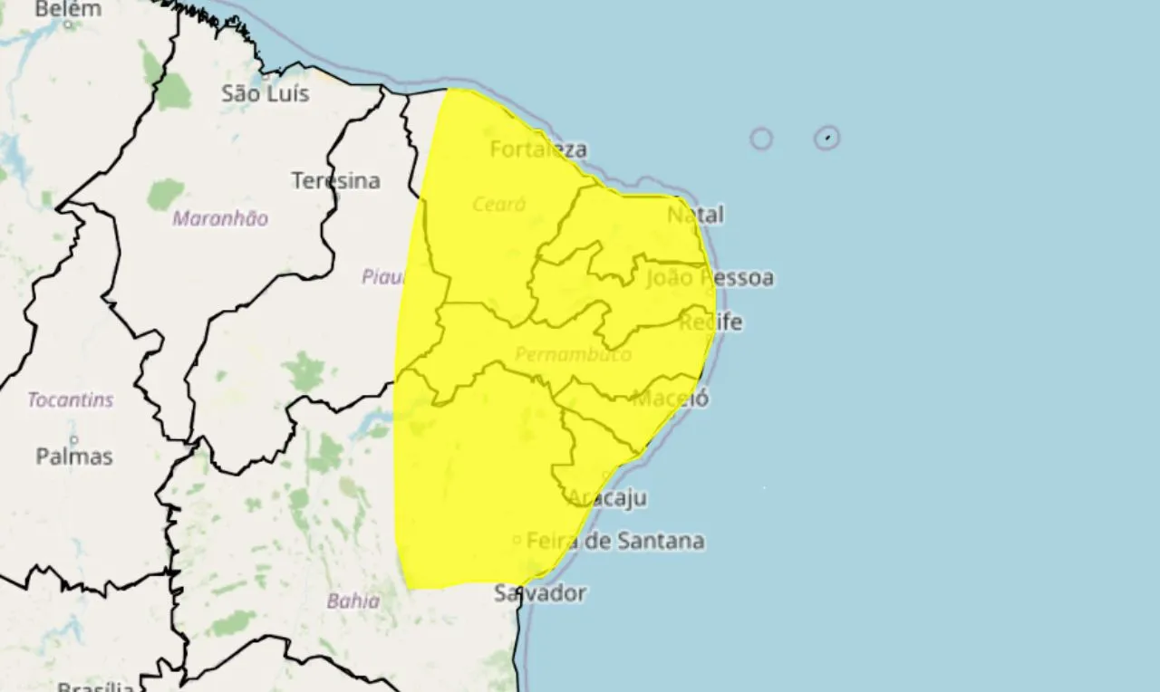 o mapa mostra as &aacute;reas em alerta para ventos